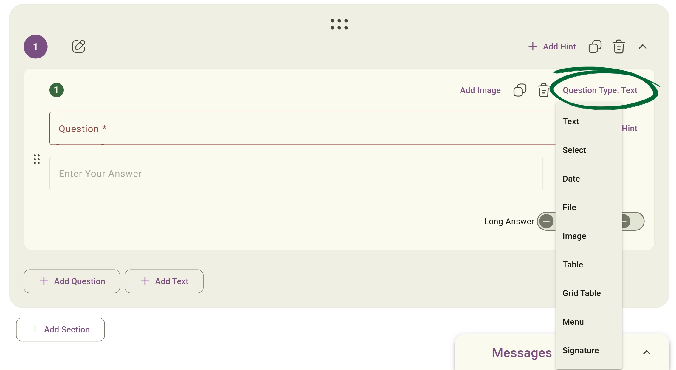 Select a question type screenshot